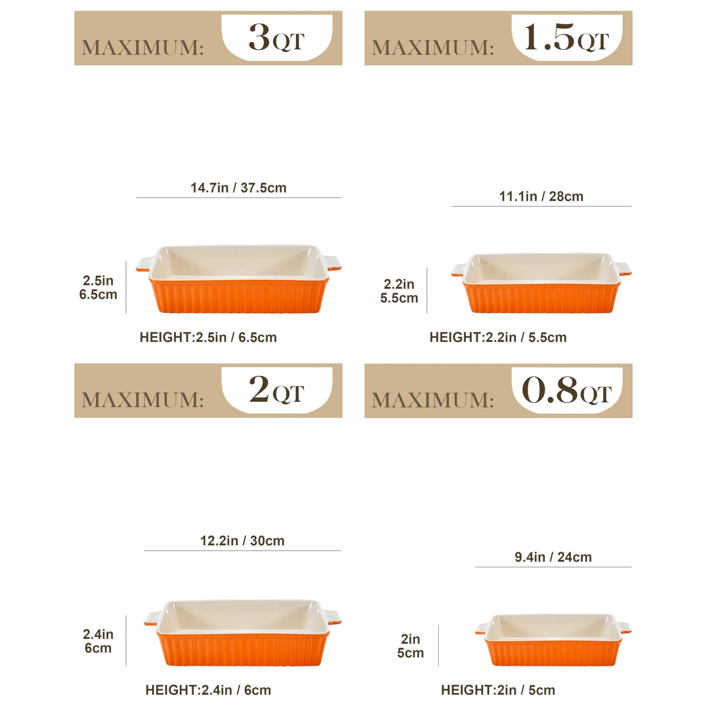 MALACASA Bakeware Set of 4, Porcelain Baking Pans Set for Oven, Casserole Dish, Ceramic Rectangular Baking Dish Lasagna Pans for Cooking Cake Kitchen, Orange(9.4"/11.1"/12.2"/14.7"), Series BAKE.BAKE