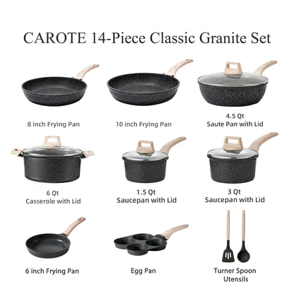 CAROTE Pots and Pans Set, Nonstick Cookware Sets, Classic Black Induction 14Pcs Cookware Non Stick Cooking Set w/Frying Pans & Saucepans