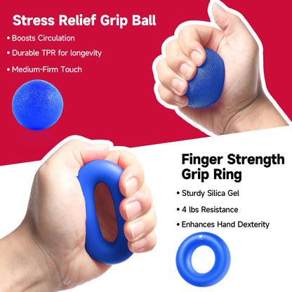 Hand Grip Strengthener Workout Kit (5 Pack) FitBeast Forearm Grip Adjustable Resistance Hand Gripper, Finger Exerciser, Finger Stretcher, Grip Ring & Stress Relief Grip Ball for Athletes (Navy Blue)