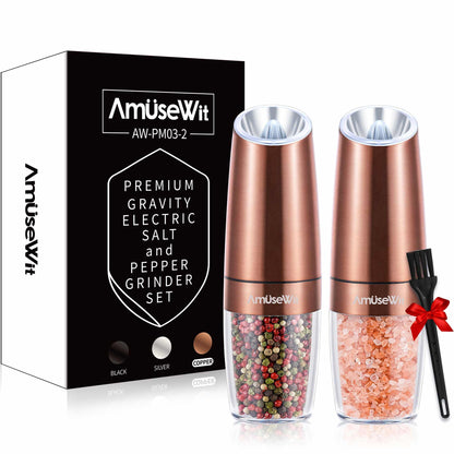 AmuseWit Gravity Electric Salt and Pepper Grinder Set [White Light] Battery Operated Automatic Pepper and Salt Mills with Light,Adjustable Coarseness,One Handed Operation,Copper