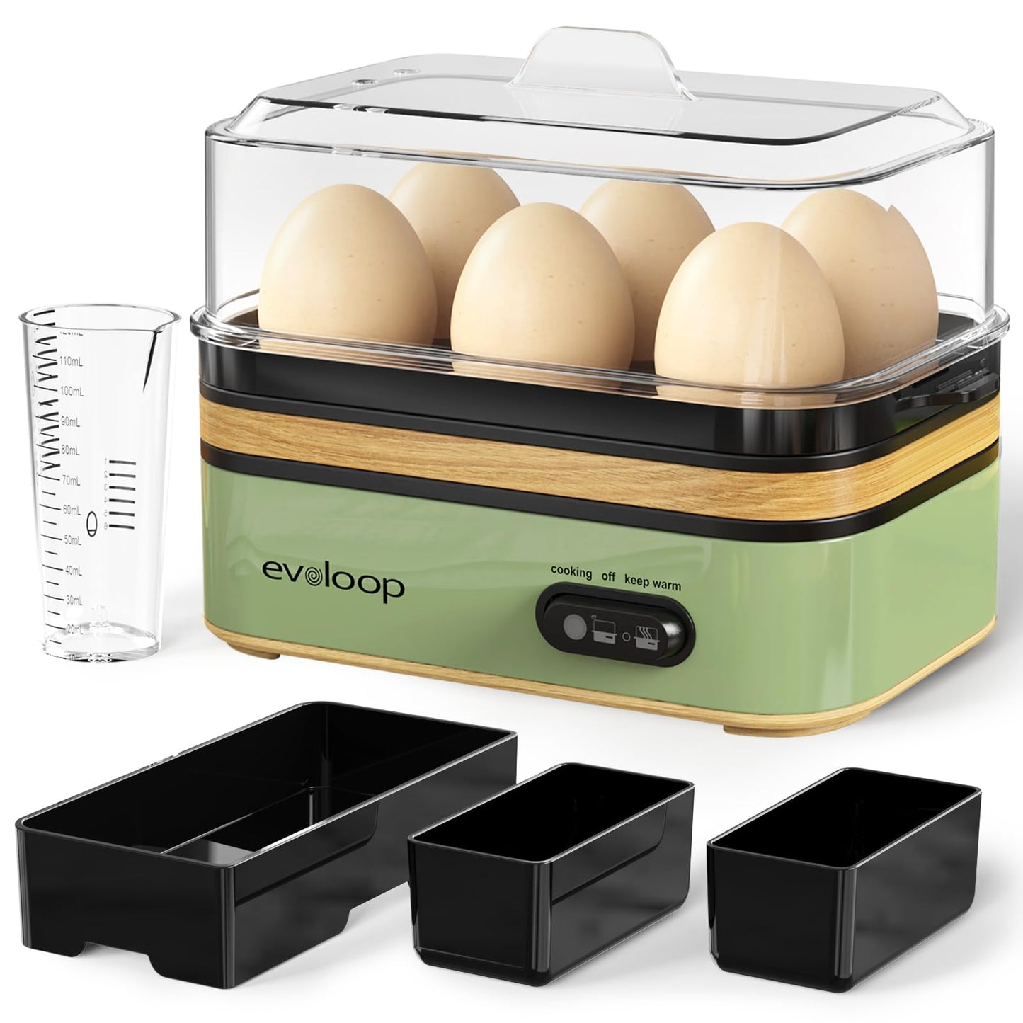 Evoloop Rapid Egg Cooker Electric 6 Eggs Capacity, Soft, Medium, Hard Boiled, Poacher, Omelet Maker Egg Poacher With Auto Shut-Off, BPA Free (Green)