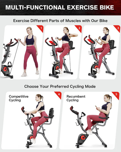 pooboo Folding Exercise Bike, Foldable Fitness Bike, Upright Recumbent Indoor Bike, Multifunctional Magnetic X-Bike, 8-Level Resistance, Arm Bands, Pulse Sensor, Massage Backrest for Home Gym