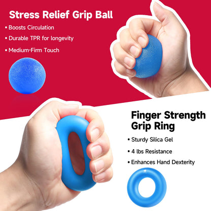 Hand Grip Strengthener Workout Kit (5 Pack) FitBeast Forearm Grip Adjustable Resistance Hand Gripper, Finger Exerciser, Finger Stretcher, Grip Ring & Stress Relief Grip Ball for Athletes (Light Blue)