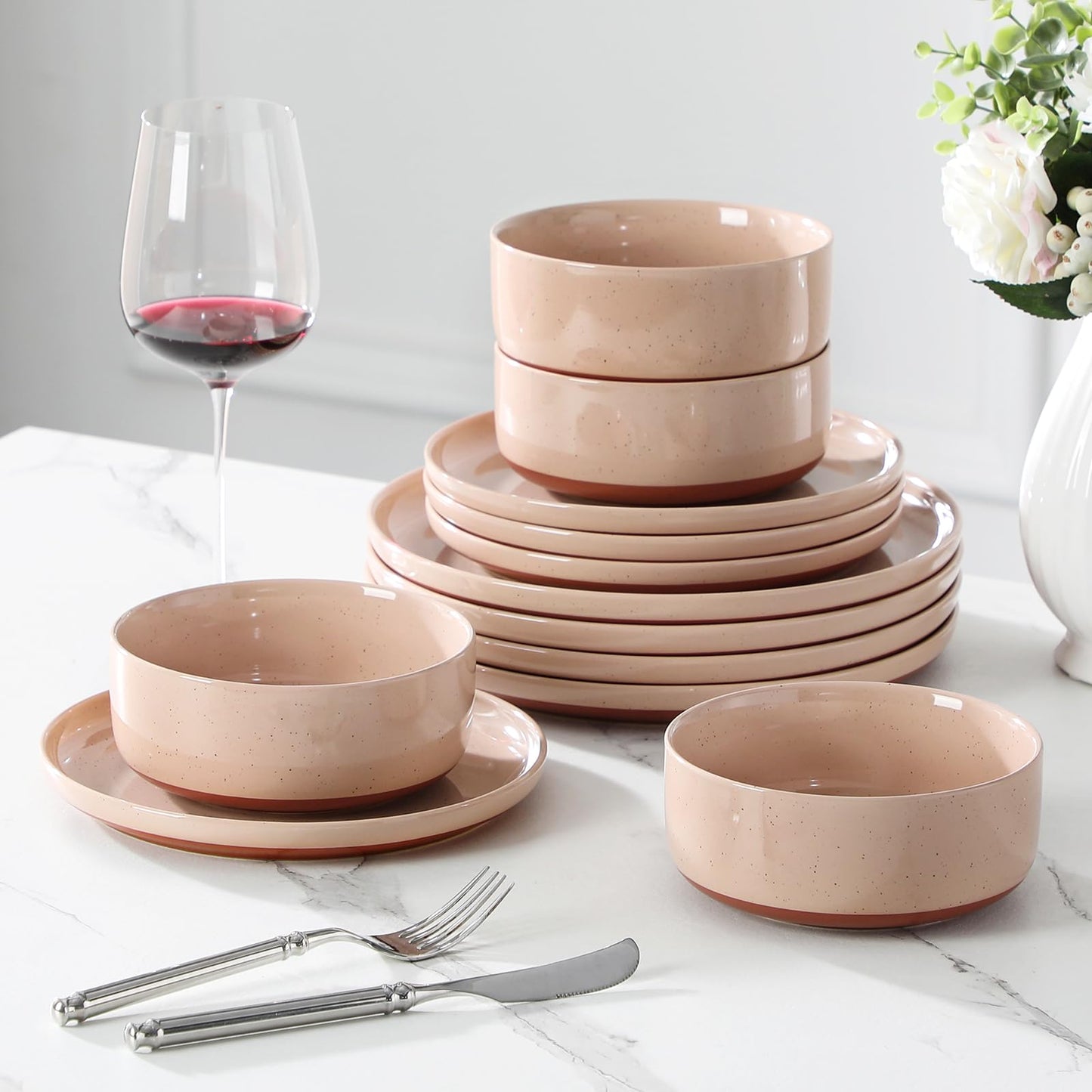 MALACASA Plates and Bowls Sets, 12 Pieces Modern Stoneware Dinnerware Set for 4 Kitchen Dinner Set Ceramic Dishware Dishes Set Microwave and Dishwasher Safe, Pink, Series TARA