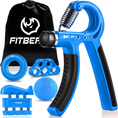 Hand Grip Strengthener Workout Kit (5 Pack) FitBeast Forearm Grip Adjustable Resistance Hand Gripper, Finger Exerciser, Finger Stretcher, Grip Ring & Stress Relief Grip Ball for Athletes (Light Blue)