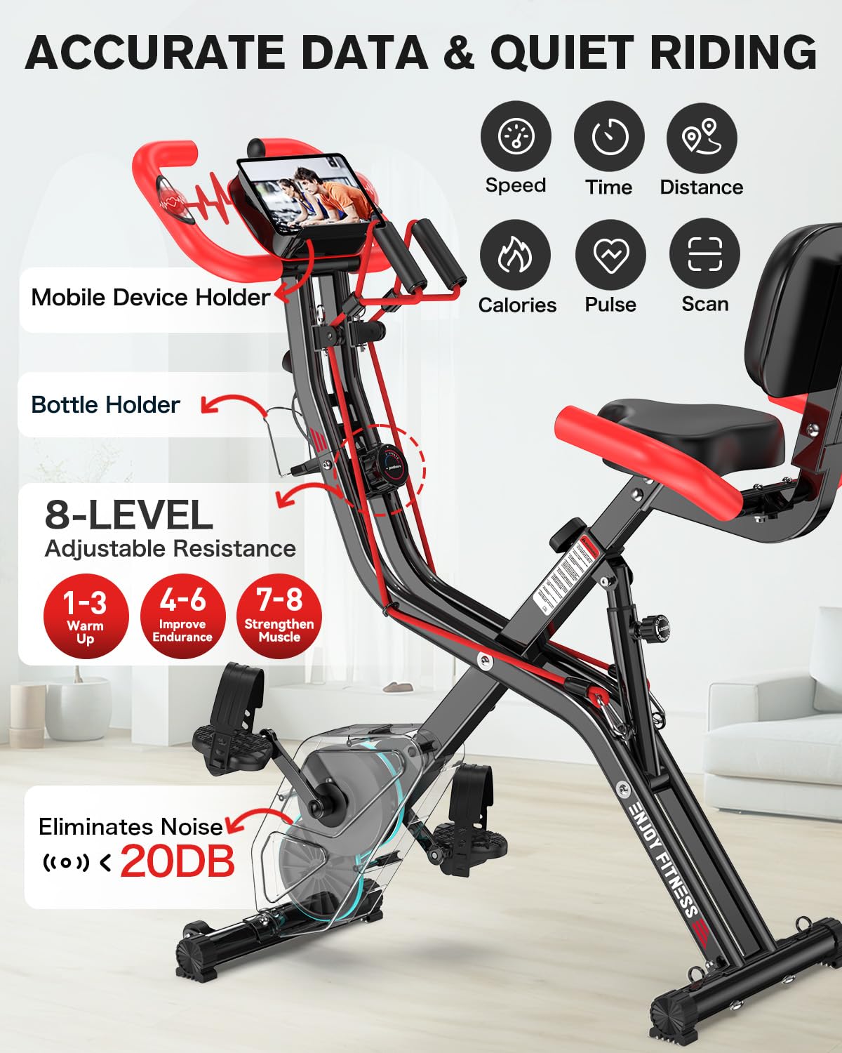 pooboo Folding Exercise Bike, Fitness Stationary Bike Machine, Upright Indoor Cycling Bike, 4-in-1 Magnetic X-Bike with 8-Level Adjustable Resistance, Bottle Holder, Arm Resistance Bands, Pulse Sensor & Back Support Cushion for Home Gym Workout (red)