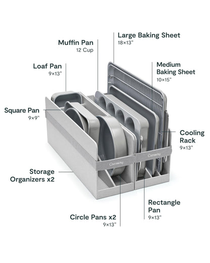 Caraway Nonstick Ceramic Bakeware Set (11 Pieces) - Baking Sheets, Assorted Baking Pans, Cooling Rack, & Storage - Aluminized Steel Body - Non Toxic, PTFE & PFOA Free - Gray