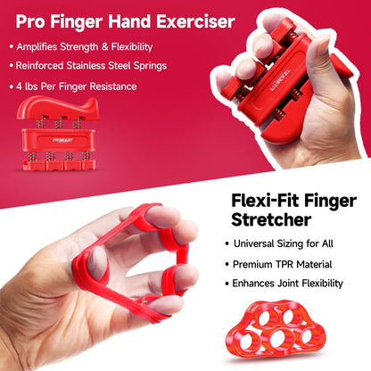 Hand Grip Strengthener Workout Kit (5 Pack) FitBeast Forearm Grip Adjustable Resistance Hand Gripper, Finger Exerciser, Finger Stretcher, Grip Ring & Stress Relief Grip Ball for Athletes (Red)