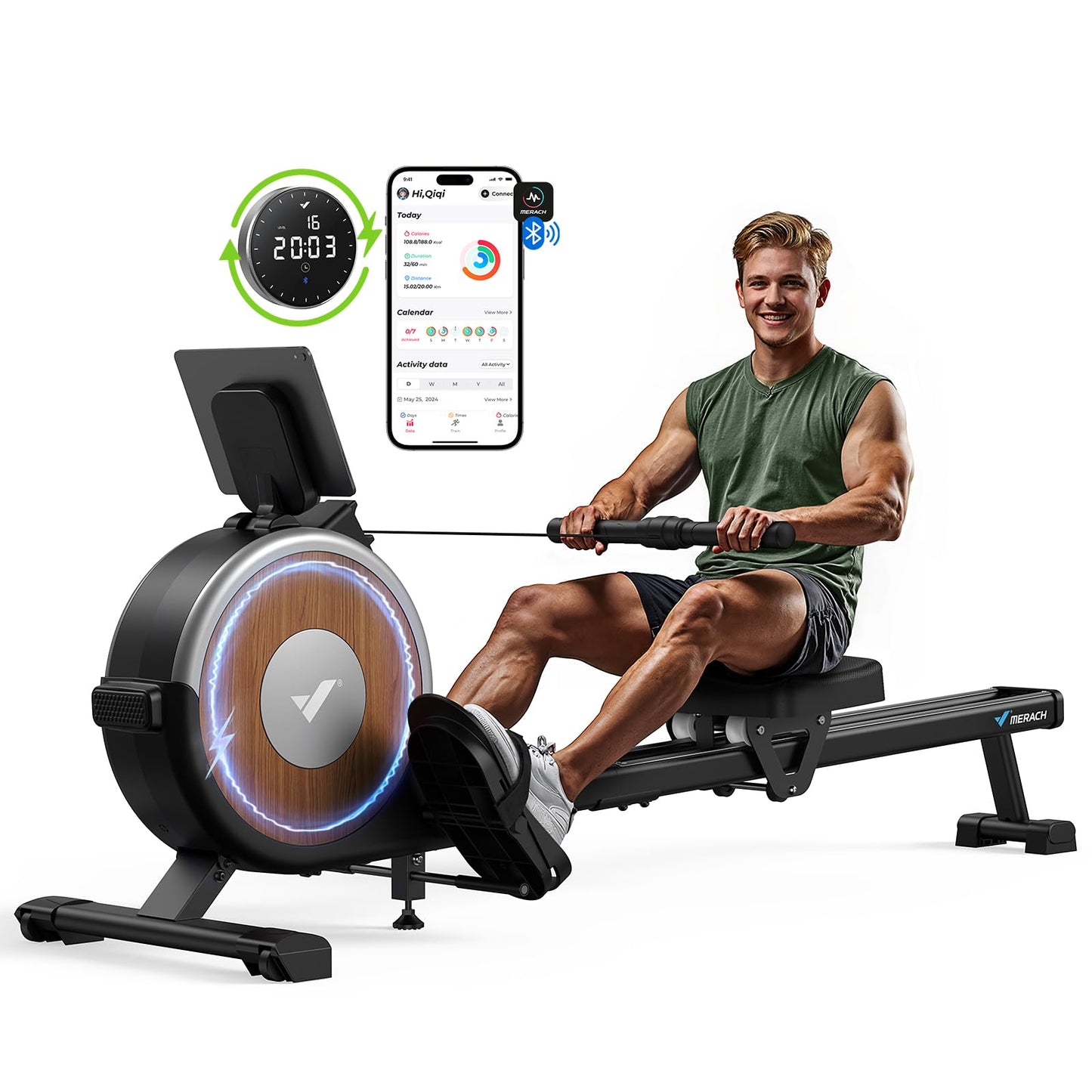 MERACH Self-Powered Rowing Machines for Home, Electromagnetic Resistance 2.0 Rowing Machine, Smart Adjust Resistance and Self-Develop APP, Upgrade LED Electronic Monitor and Comfortable Seat Cushion