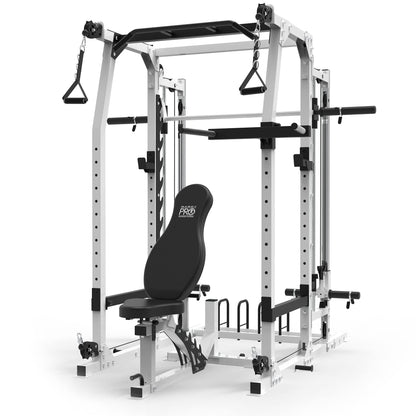 Marcy 3 in 1 Smith Machine Home Gym System with Upper and Lower Dual Cable Crossovers and Adjustable Bench for Full Body Training, Black