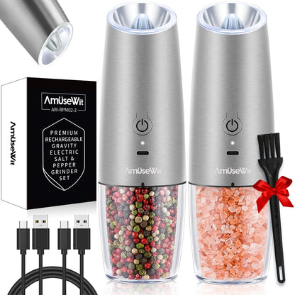 AmuseWit Gravity Electric Salt and Pepper Grinder Set [White Light] USB Rechargeable Automatic Pepper and Salt Mills,Adjustable Coarseness,One-Handed Operation,Stainless Steel