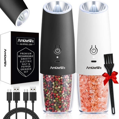 AmuseWit Gravity Electric Salt and Pepper Grinder Set [White Light] USB Rechargeable Automatic Pepper and Salt Mills,Adjustable Coarseness,One-Handed Operation,Black and White