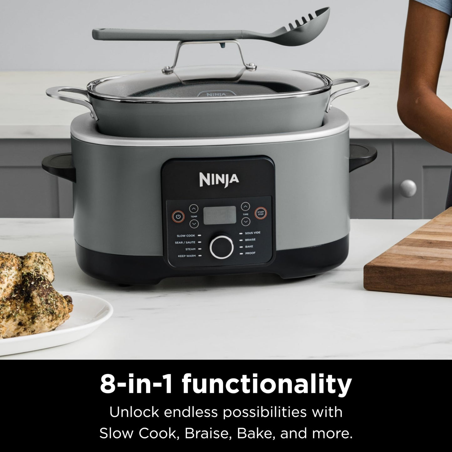 Ninja MC1001 Foodi PossibleCooker PRO 8.5 Quart Multi-Cooker, with 8-in-1 Slow Cooker, Dutch Oven, Steamer, Glass Lid Integrated Spoon, Nonstick, Oven Safe Pot to 500°F, Sea Salt Gray