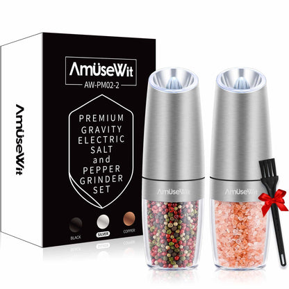 AmuseWit Gravity Electric Salt and Pepper Grinder Set [White Light] - Battery Operated Automatic Pepper and Salt Mills,Adjustable Coarseness,One-Handed Operation,Stainless Steel