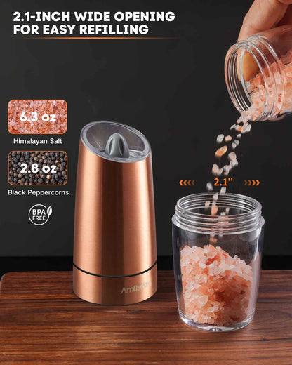 AmuseWit Gravity Electric Salt and Pepper Grinder Set [White Light] Battery Operated Automatic Pepper and Salt Mills with Light,Adjustable Coarseness,One Handed Operation,Copper