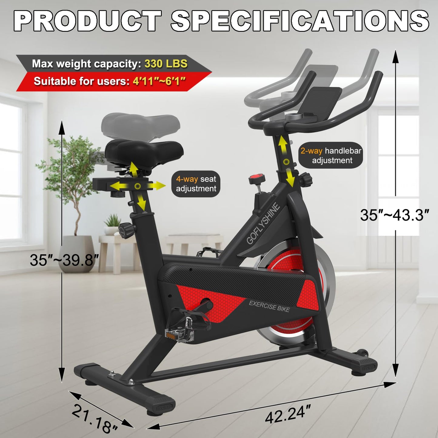 Exercise Bike, Stationary Bike Indoor Cycling Bike for Home Cardio Gym 300lbs Weight Capacity, Workout Bike with Heavy Flywheel, Seat Cushion, LCD Monitor, Optoelectronic Heart Rate,Silent Belt Drive