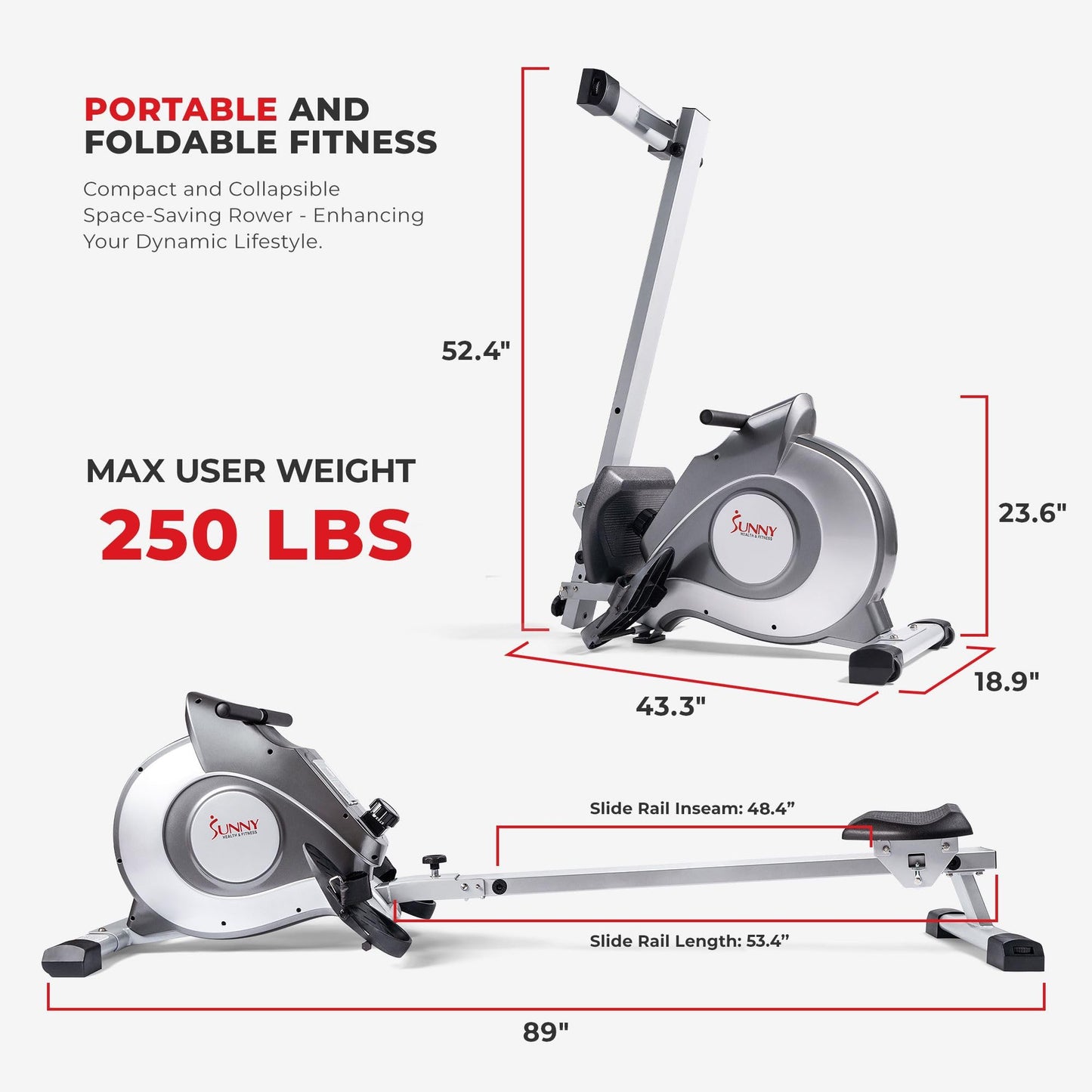 Sunny Health & Fitness Magnetic Rowing Machine Rower with 8-Level Resistance, 53.4" Extended Slide Rail & Digital LCD Display - SF-RW5515