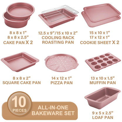 HONGBAKE Bakeware Sets, Baking Pans Set, Nonstick Oven Pan for Kitchen with Wider Grips, 10-Piece Including Rack, Cookie Sheet, Cake Pans, Loaf Pan, Muffin Pan, Pizza Pan - Pink