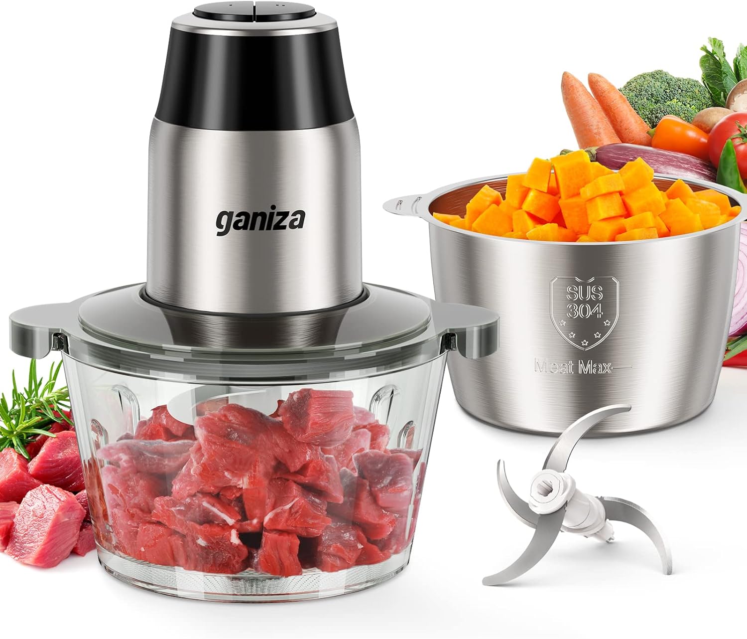 ganiza-food-processors-electric-food-chopper-with-meat-grinder-vegetable-chopper-2-bowls-8-cup-8-cup-with-powerful-450w-copper-motor-includes-2-sets-of-bi-level-blades-for-fruits-meat-nuts