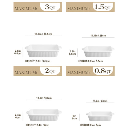 MALACASA Casserole Dishes for Oven, Porcelain Baking Dishes, Ceramic Bakeware Sets of 4, Rectangular Lasagna Pans Deep with Handles for Baking Cake Kitchen, White (9.4"/11.1"/12.2"/14.7"), Series