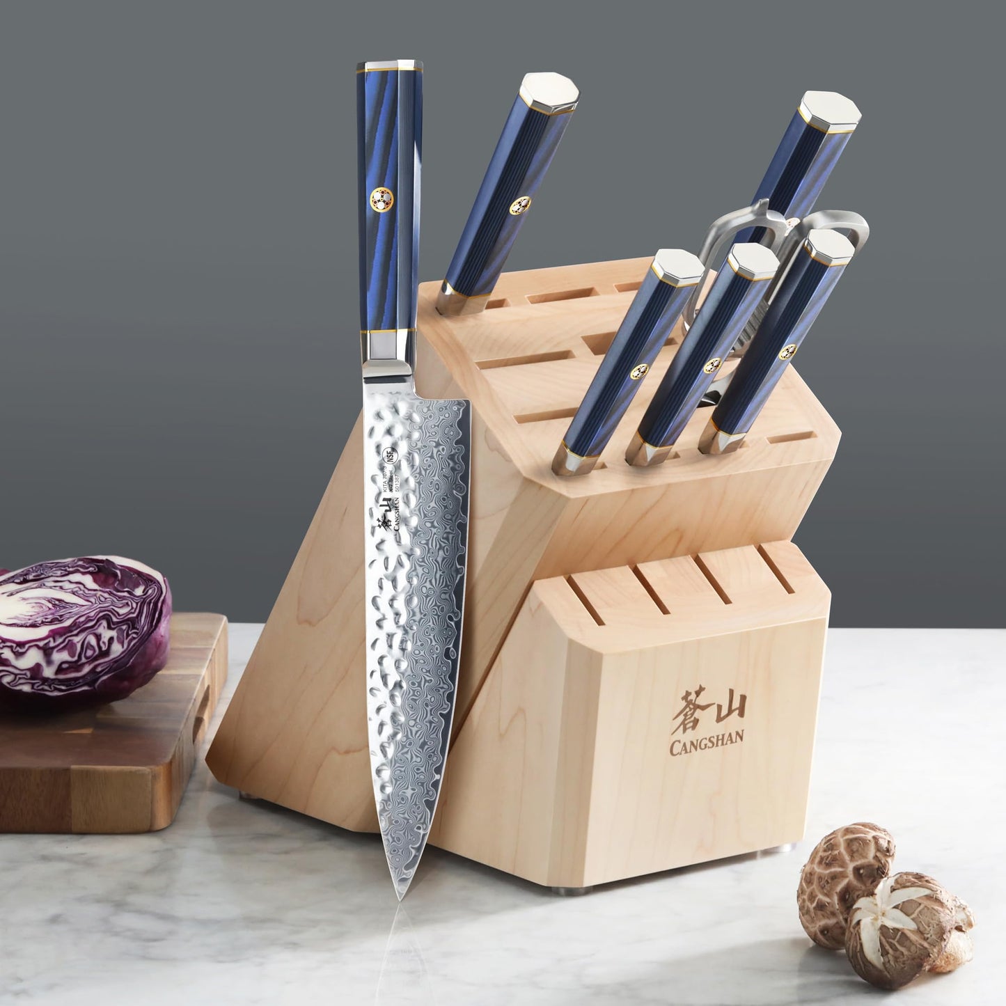 Cangshan KITA Series 8-Piece Knife Block Set with Empty Slots, High Carbon X-7 Damascus Steel 16-Slot, 503862 (Maple, 8pc)