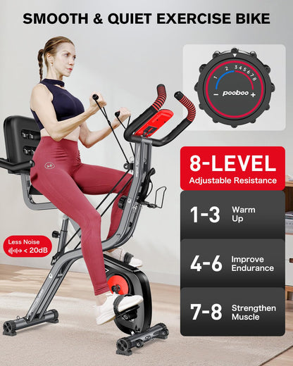 pooboo Folding Exercise Bike, Foldable Fitness Bike, Upright Recumbent Indoor Bike, Multifunctional Magnetic X-Bike, 8-Level Resistance, Arm Bands, Pulse Sensor, Massage Backrest for Home Gym