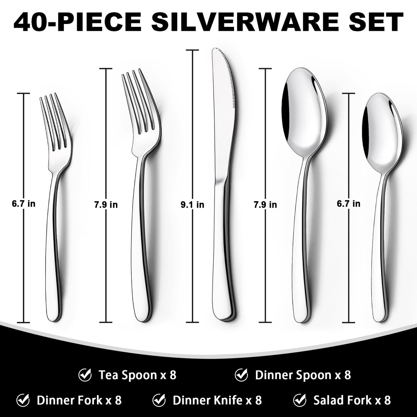 40-Piece Silverware Set, EWFEN Heavy Duty Stainless Steel Solid Flatware Set for 8, Food-Grade Tableware Cutlery Set, Utensil Sets for Home Restaurant, Mirror Finish, Dishwasher Safe