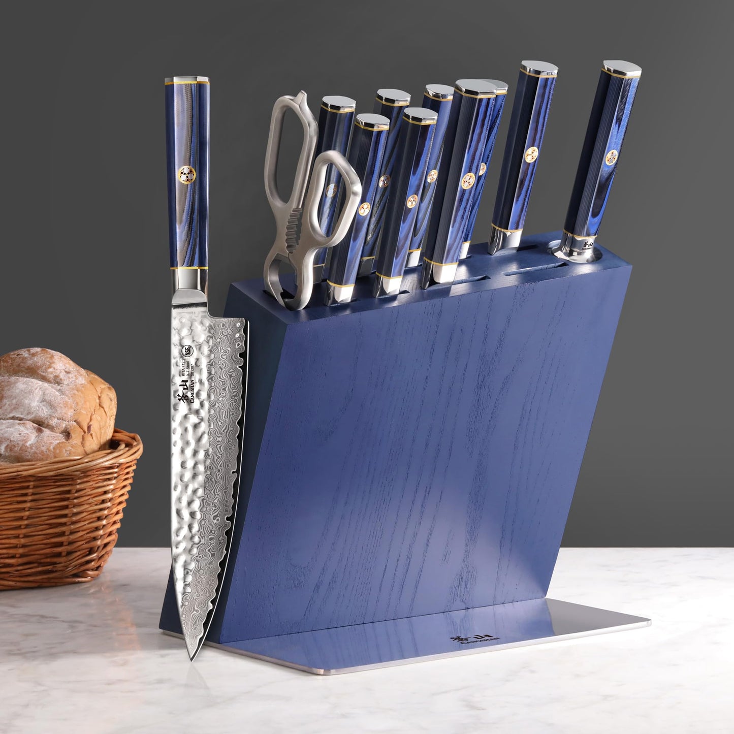 Cangshan KITA Series 12-Piece Knife Block Set, HUA Ash Wood Block, 501790 (Blue, 12pc)