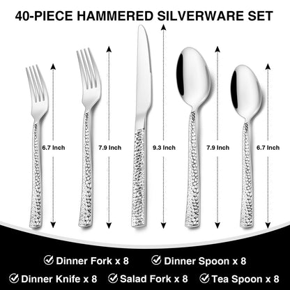 Hammered Silverware Set, 40-Piece Stainless Steel Square Flatware Set for 8, Food-Grade Tableware Cutlery Set, Utensil Sets for Home Restaurant, Mirror Finish, Dishwasher Safe