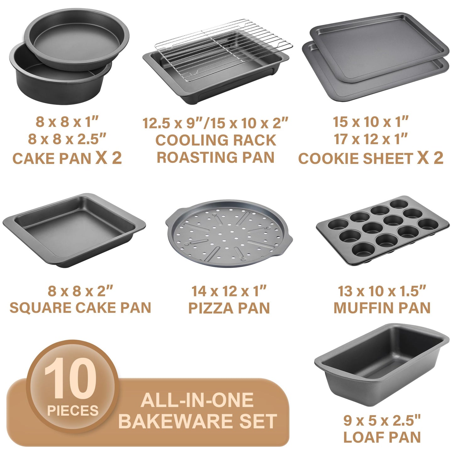 HONGBAKE Bakeware Sets, Baking Pans Set, Nonstick Oven Pan for Kitchen with Wider Grips, 10 Pieces Including Rack, Cookie Sheet, Cake Pans, Loaf Pan, Muffin Pan, Pizza Pan - Grey