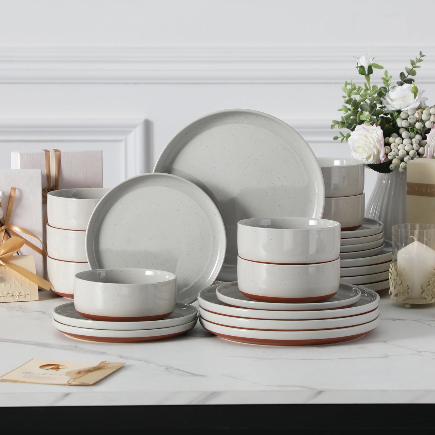 MALACASA Plates and Bowls Sets, 24 Pieces Modern Ceramic Dinnerware Set for 8 Kitchen Dinner Set Stoneware Dishware Dishes Set Microwave and Dishwasher Safe, Grey, Series TARA