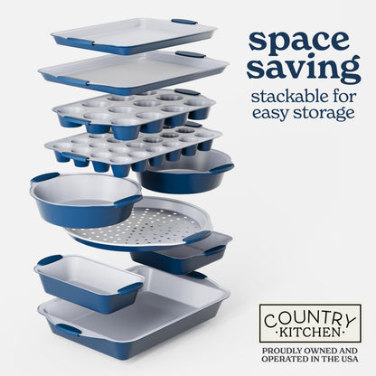 Country Kitchen Nonstick Stackable Bakeware Set - Durable, Easy Release Baking Set, Navy, 10 Pcs