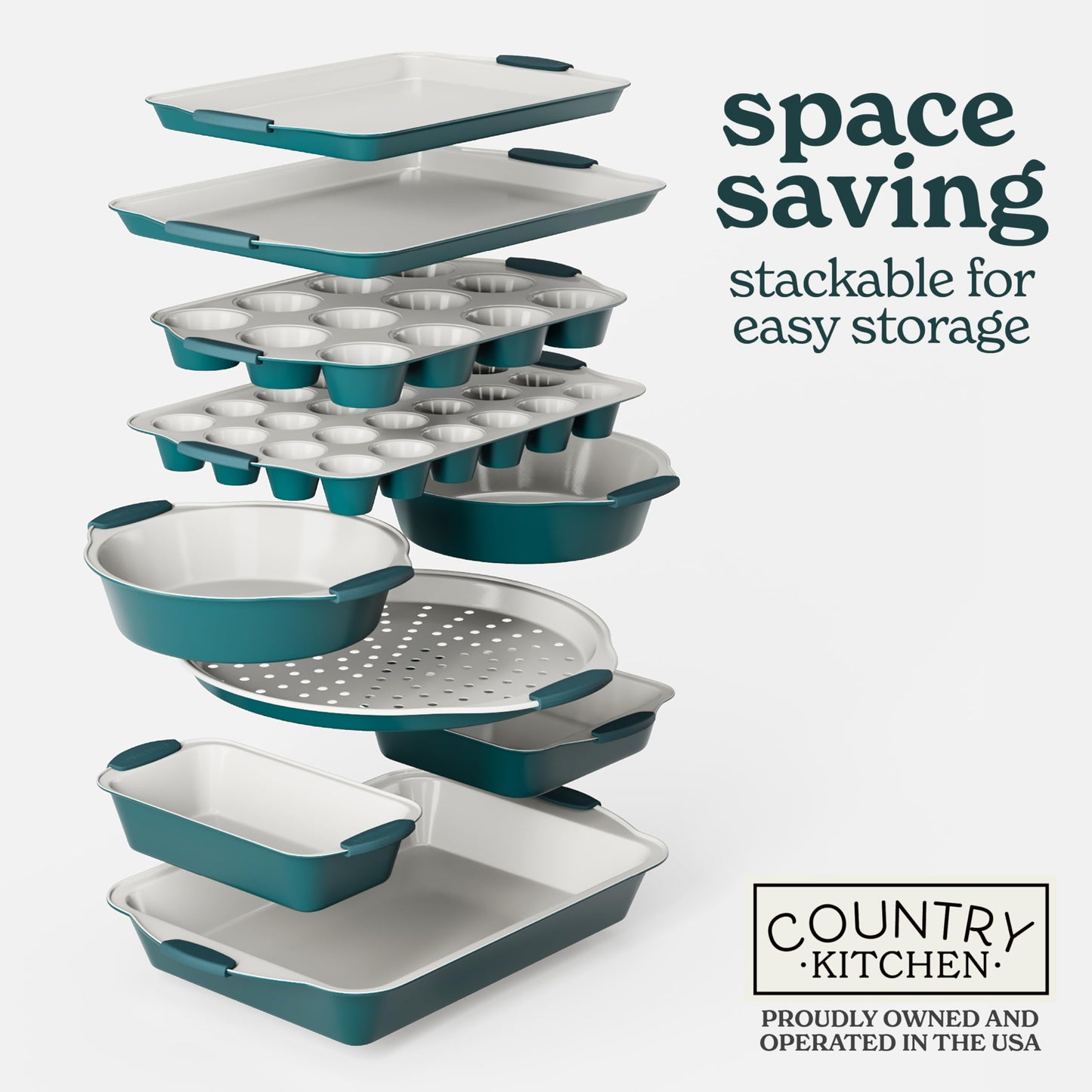 Country Kitchen Nonstick Stackable Bakeware Set - Durable, Easy Release Baking Set, Sage, 10 Pcs