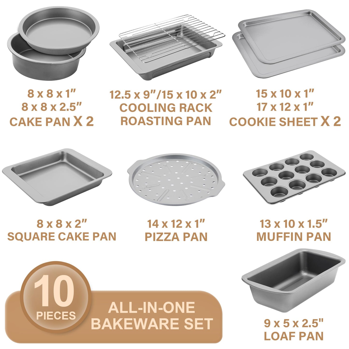 HONGBAKE Bakeware Sets, Baking Pans Set, Nonstick Oven Pan for Kitchen with Wider Grips, 10-Piece Including Rack, Cookie Sheet, Cake Pans, Loaf Pan, Muffin Pan, Pizza Pan - Sliver