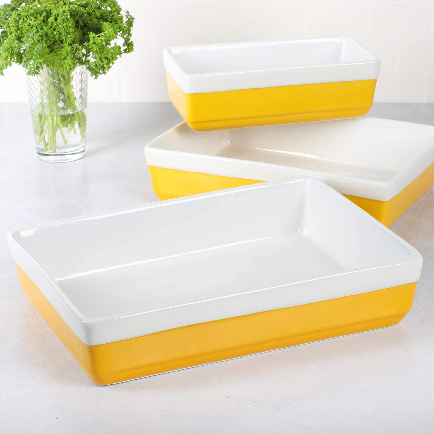 MARTHA STEWART 3 Piece Oven to Table Stoneware Bakeware, Baking Dish & Casserole Set - Yellow