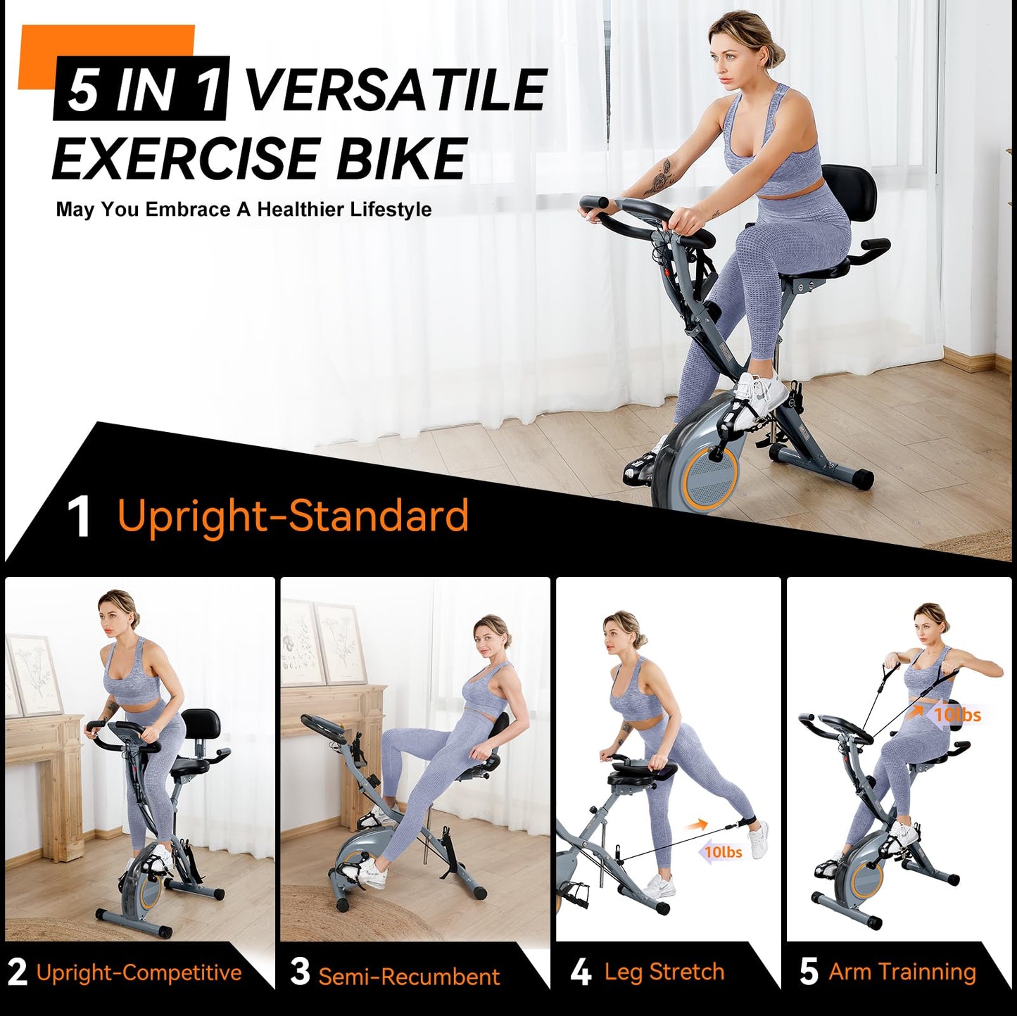 Foldable Exercise Bike Stationary Bikes for Home, 5 IN 1 Indoor Workout Bike for Seniors, with 16-Level Quiet Magnetic Resistance, 5.5 LBS Flywheel and 300LBS Capacity, 2025 Designed 817 X-bike All Gray