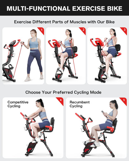 pooboo Folding Exercise Bike, Fitness Stationary Bike Machine, Upright Indoor Cycling Bike, 4-in-1 Magnetic X-Bike with 8-Level Adjustable Resistance, Bottle Holder, Arm Resistance Bands, Pulse Sensor & Back Support Cushion for Home Gym Workout (red)