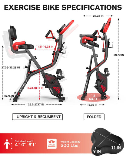 pooboo Folding Exercise Bike, Fitness Stationary Bike Machine, Upright Indoor Cycling Bike, 4-in-1 Magnetic X-Bike with 8-Level Adjustable Resistance, Bottle Holder, Arm Resistance Bands, Pulse Sensor & Back Support Cushion for Home Gym Workout (red)