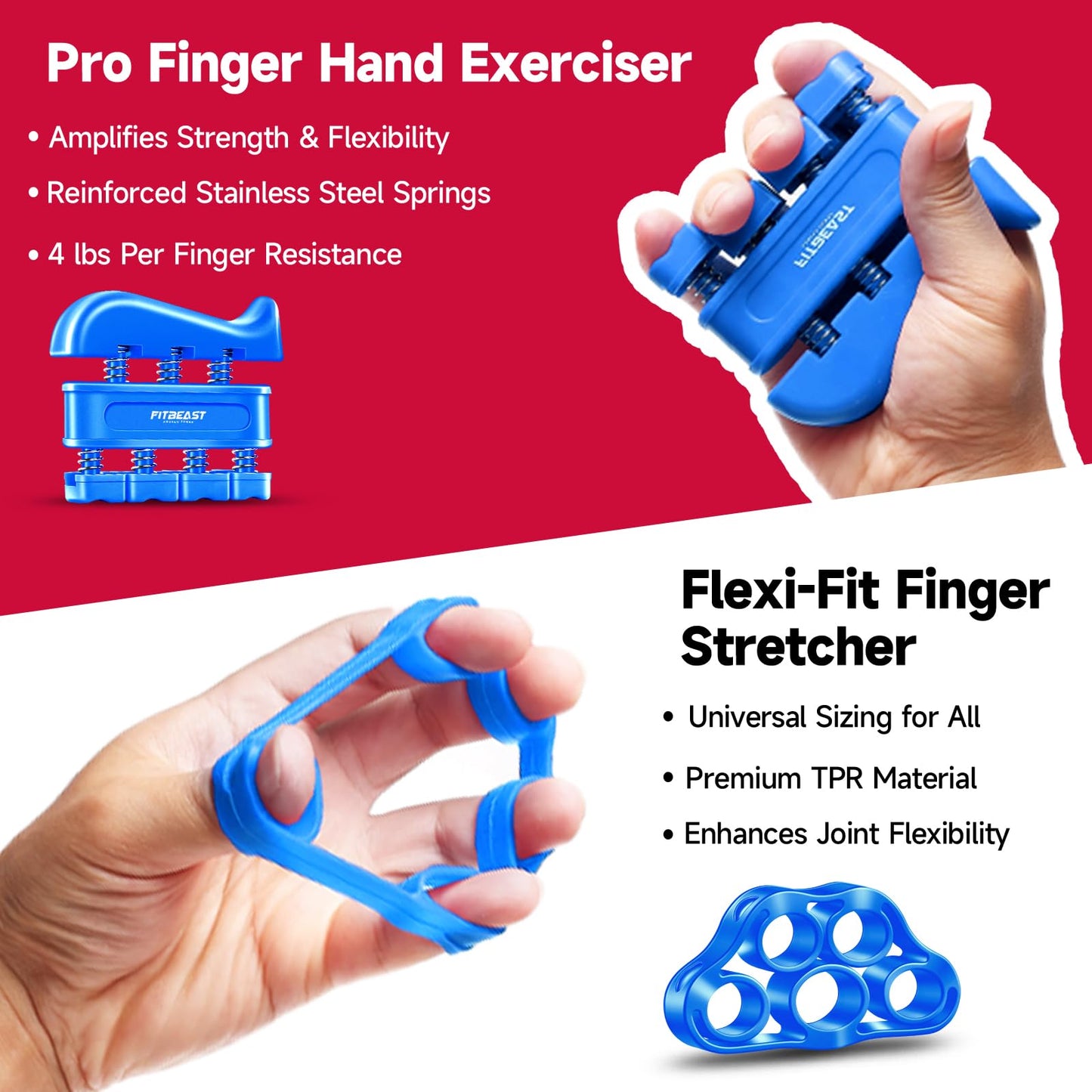 Hand Grip Strengthener Workout Kit (5 Pack) FitBeast Forearm Grip Adjustable Resistance Hand Gripper, Finger Exerciser, Finger Stretcher, Grip Ring & Stress Relief Grip Ball for Athletes (Light Blue)