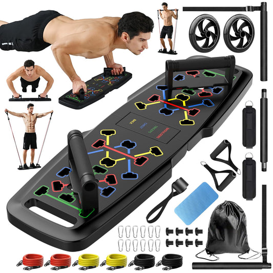 Push Up Board,Home Gym,Portable Exercise Equipment,Pilates Bar and 20 Fitness Accessories with Resistance Bands and Ab Roller Wheel,Full Body Workout at Home