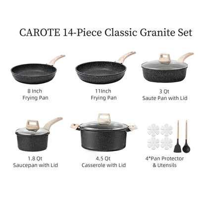 CAROTE 14Pcs Pots and Pans Set Non Stick, Cookware Sets Induction Cookware Granite Cooking Set with Frying Pans, Saucepans, Saute Pan, Extra Large Casserole