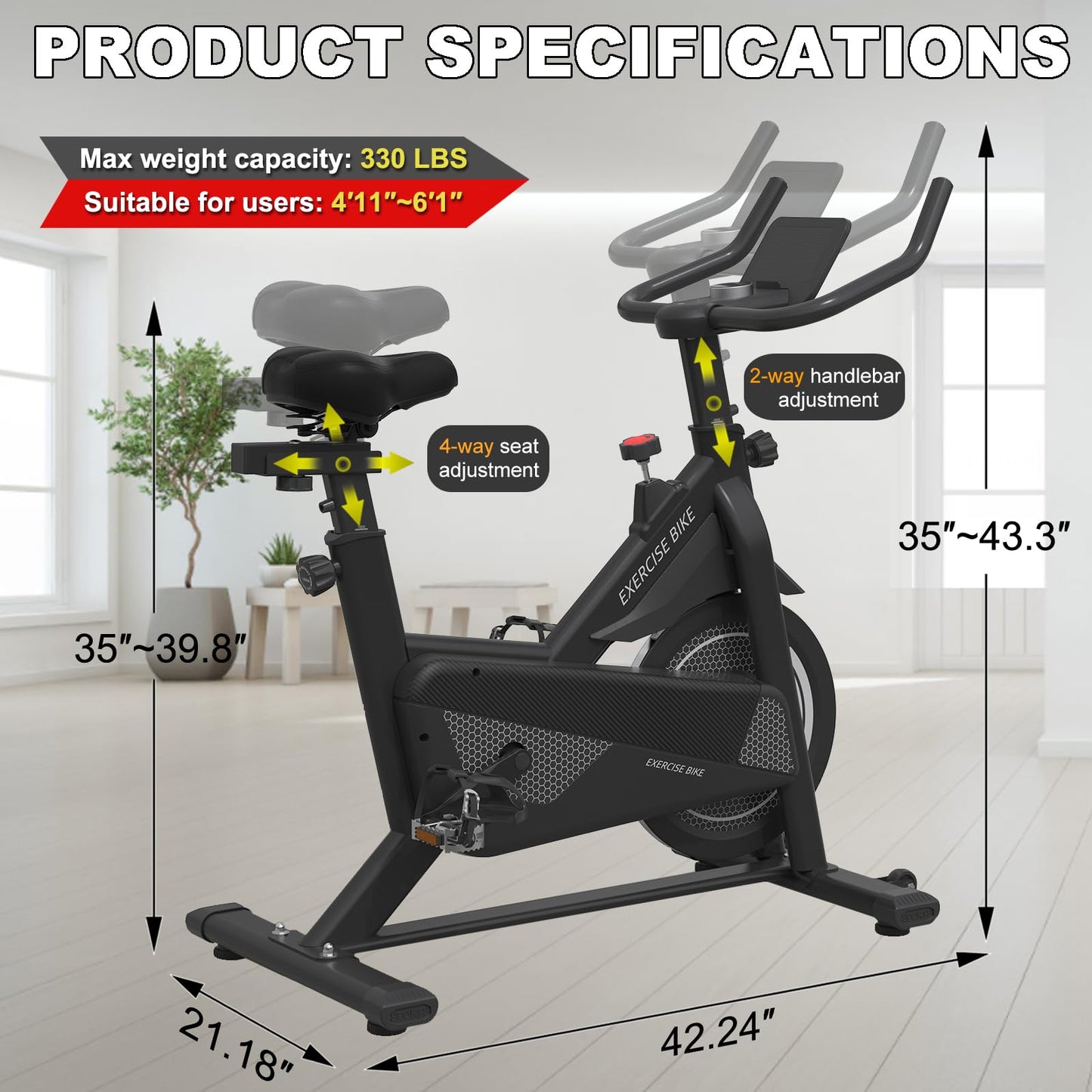 Exercise Bike, Stationary Bike Indoor Cycling Bike for Home Cardio Gym 300lbs Weight Capacity, Workout Bike with Heavy Flywheel, Seat Cushion, LCD Monitor, Optoelectronic Heart Rate,Silent Belt Drive