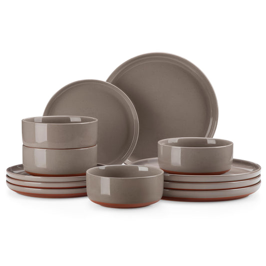 MALACASA Plates and Bowls Sets, 12 Pieces Modern Stoneware Dinnerware Set for 4 Kitchen Dinner Set Ceramic Dishware Dishes Set Microwave and Dishwasher Safe, Brown, Series TARA