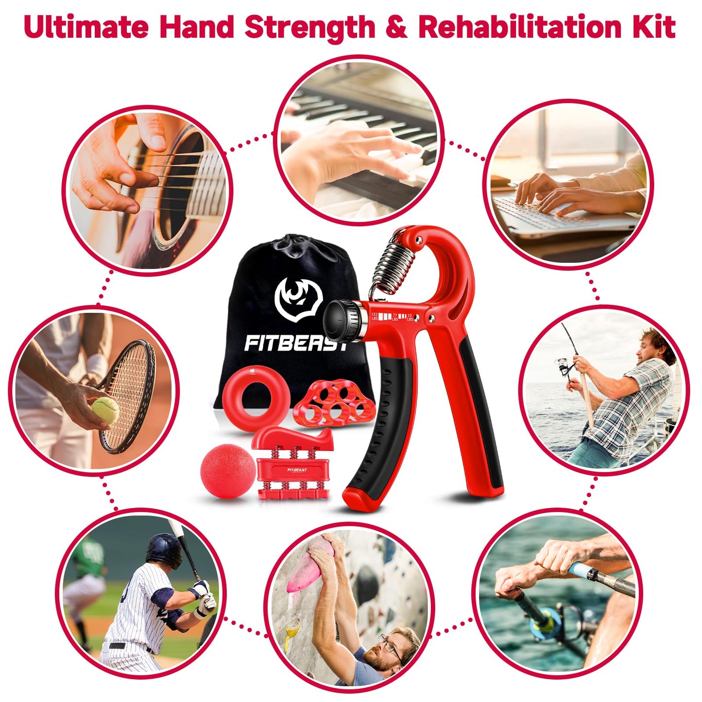 Hand Grip Strengthener Workout Kit (5 Pack) FitBeast Forearm Grip Adjustable Resistance Hand Gripper, Finger Exerciser, Finger Stretcher, Grip Ring & Stress Relief Grip Ball for Athletes (Red)