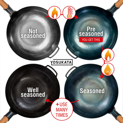 YOSUKATA Flat Bottom Woks & Stir Fry Pans- 13.5" Blue Carbon Steel Wok - Preseasoned Carbon Steel Skillet - Wok for Electric Induction Cooktops