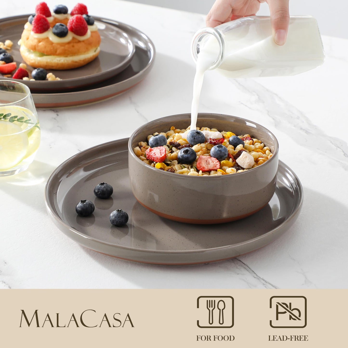 MALACASA Plates and Bowls Sets, 12 Pieces Modern Stoneware Dinnerware Set for 4 Kitchen Dinner Set Ceramic Dishware Dishes Set Microwave and Dishwasher Safe, Brown, Series TARA