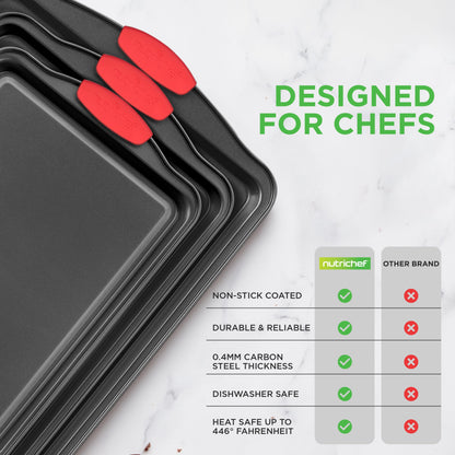 NutriChef 3-Piece Nonstick Kitchen Oven Baking Pans - Premium & Stylish Non-Stick Steel, Commercial Grade Restaurant Quality Metal Bakeware with Red Silicone Handles - Easy to Clean, NCSBS3S