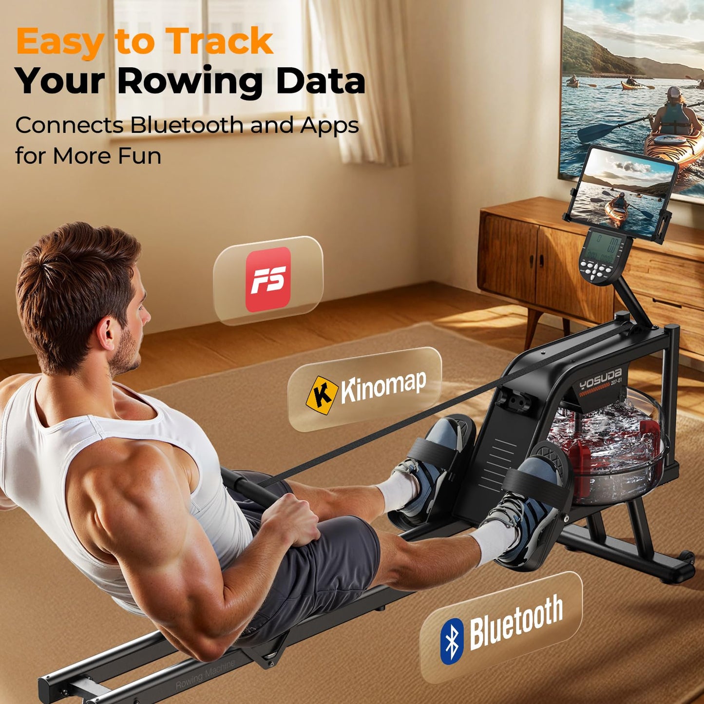 YOSUDA Water Rowing Machines with Bluetooth-Water Rowers 350LBS Weight Capacity for Home Use with Smooth Aluminum Dual Slide Rail & Rowing-Dedicated Monitor