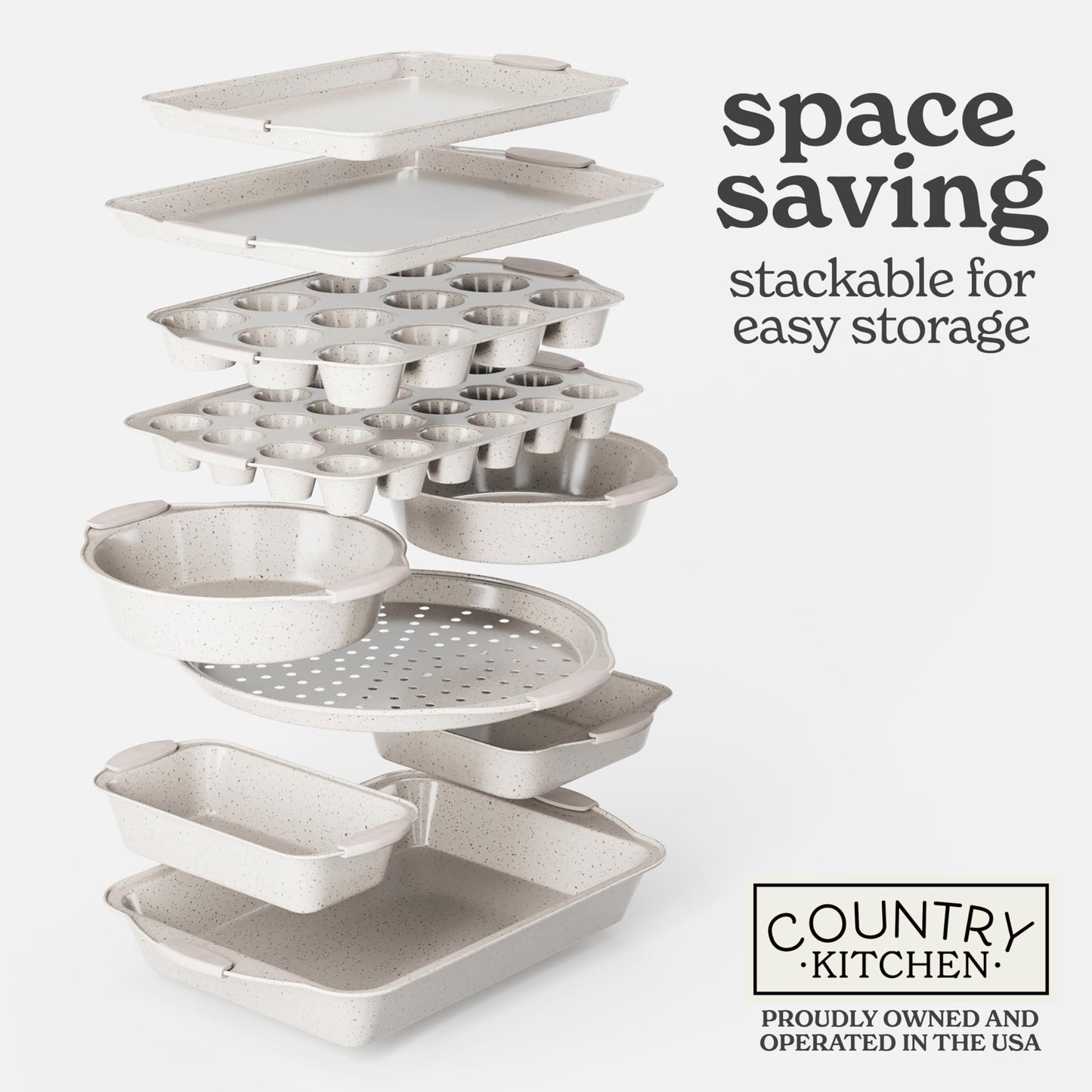 Country Kitchen Nonstick Stackable Bakeware Set - Durable, Easy Release Baking Set, Cream, 10 Pcs