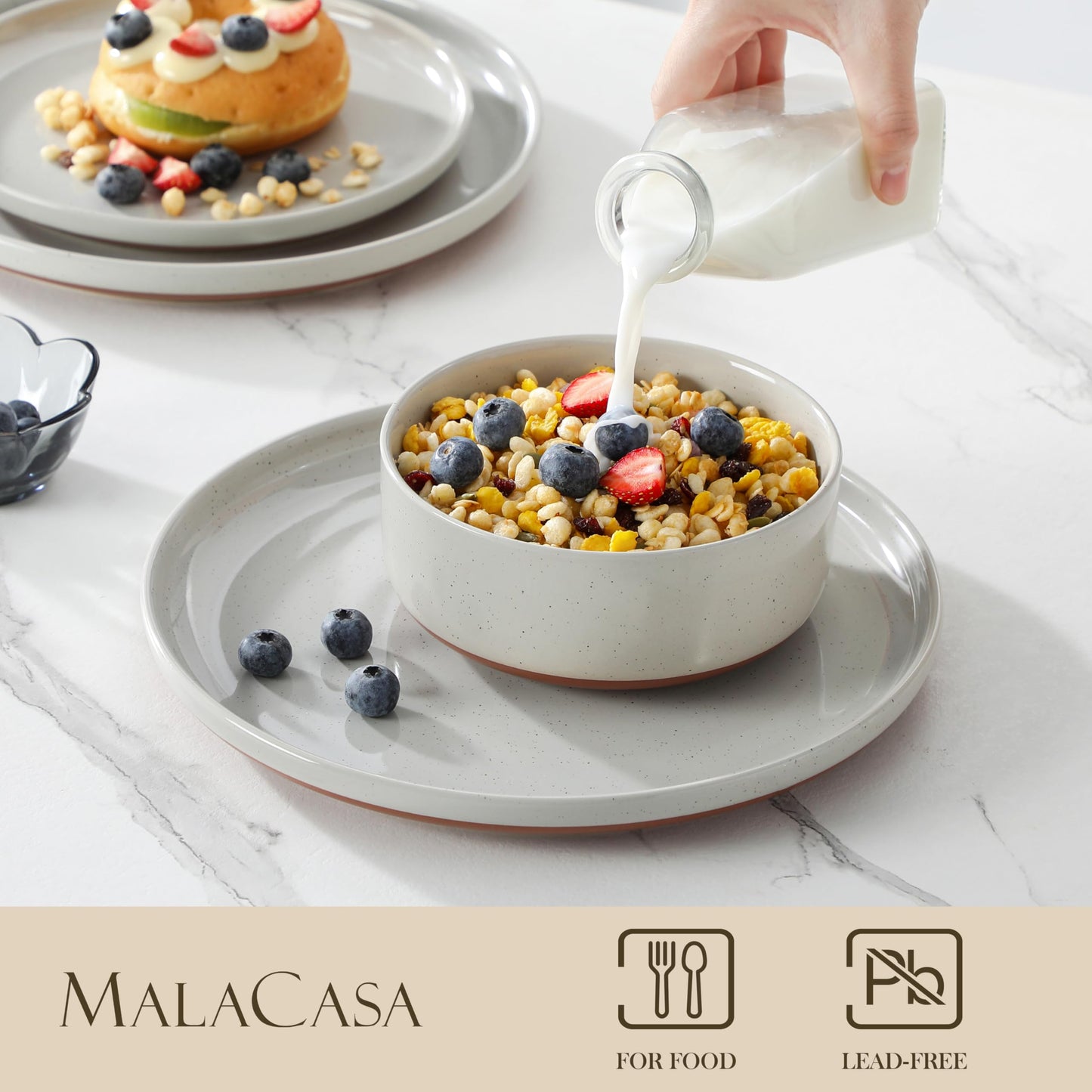 MALACASA Plates and Bowls Sets, 12 Pieces Modern Stoneware Dinnerware Set for 4 Kitchen Dinner Set Ceramic Dishware Dishes Set Microwave and Dishwasher Safe, Grey, Series TARA